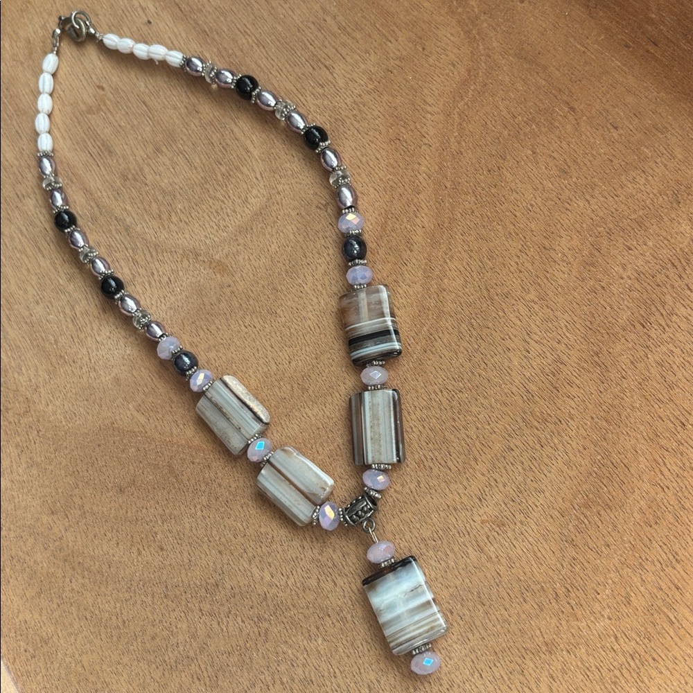 Elegant Beaded Necklace with Striped  Agate Accents beads and pendant